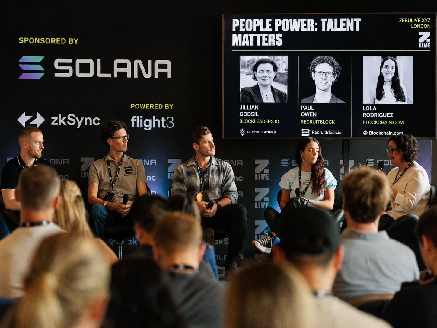 Paul Owen of RecruitBlock speaking on a crypto and Web3 talent panel at Zebu Live in London