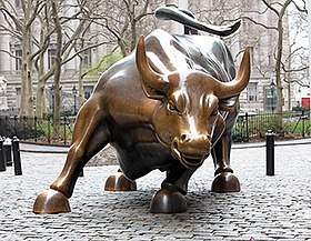 Charging Bull Statue – Iconic symbol of Wall Street and financial markets, representing bullish market sentiment and economic growth.