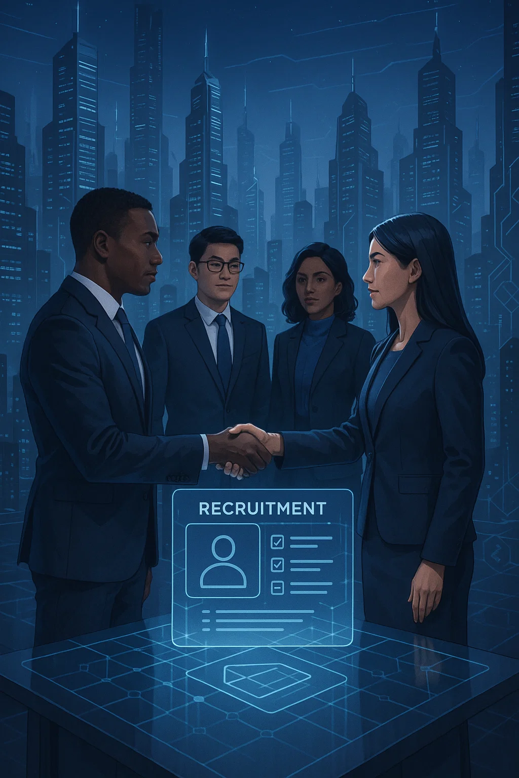 Web3 executive recruitment visual showing diverse professionals shaking hands across a holographic dashboard in a futuristic, blockchain-enabled cityscape.
