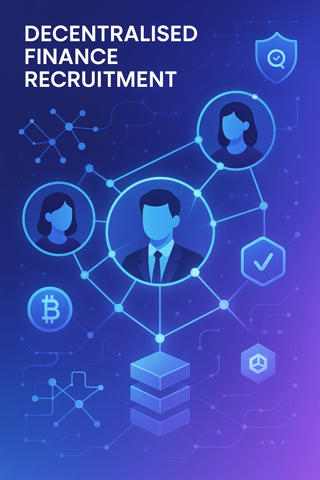 Digital illustration of decentralised finance recruitment showing interconnected nodes and blockchain talent network