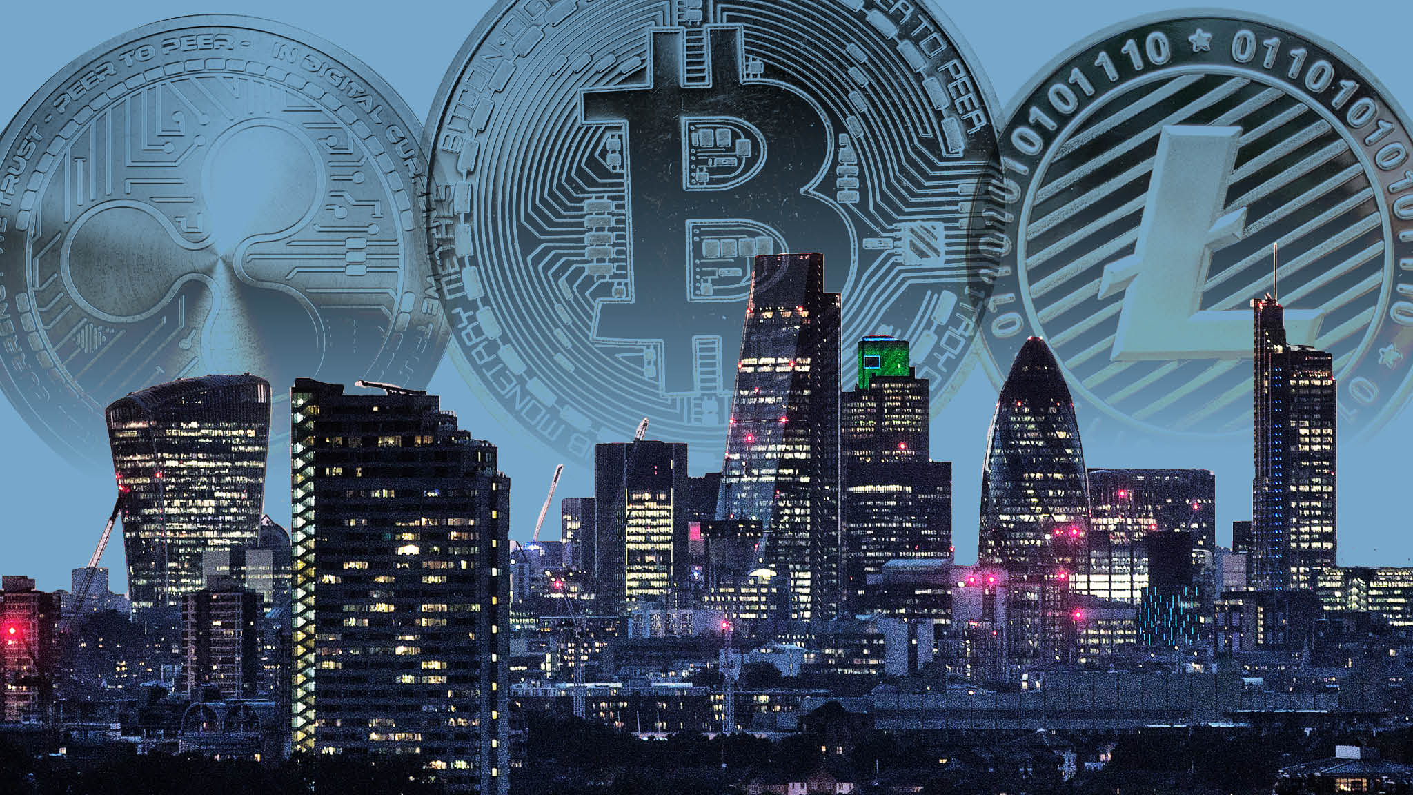 Bitcoin coin with London skyline in the background, symbolising institutional cryptocurrency adoption.