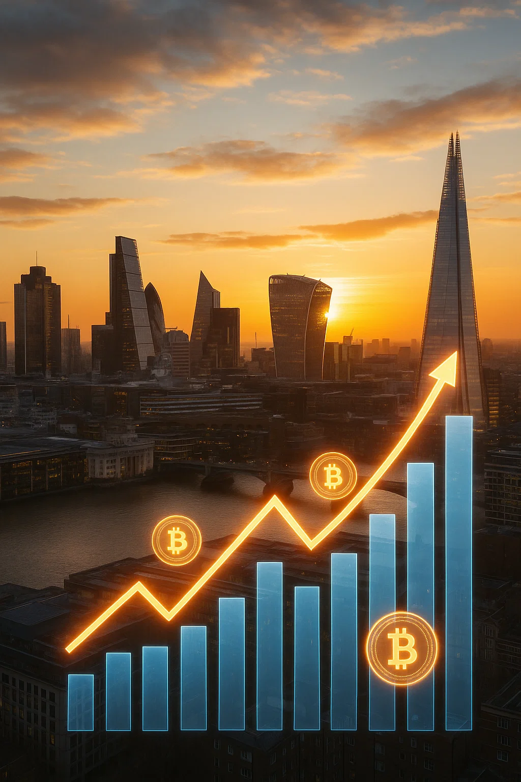 London City skyline at sunset with rising cryptocurrency profits, showing digital coins, upward arrows, and bar graphs