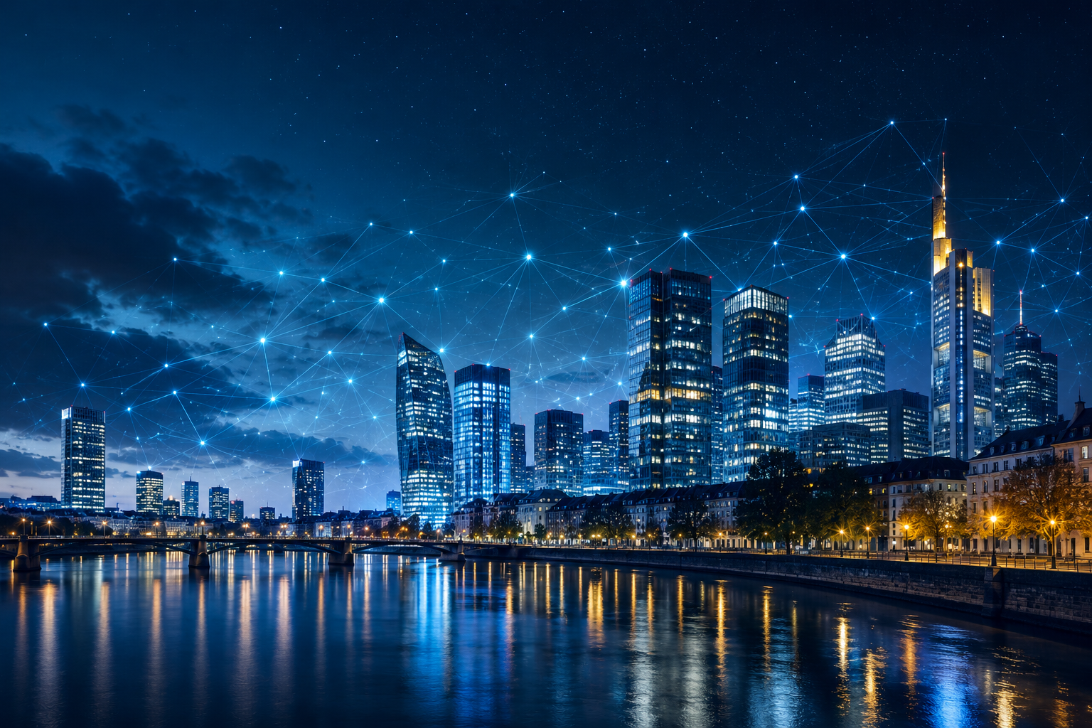 European financial district with digital network connections representing cross-border crypto recruitment