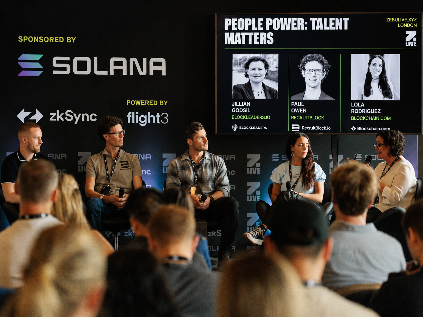 Paul Owen of RecruitBlock speaking on a crypto and Web3 talent panel at Zebu Live