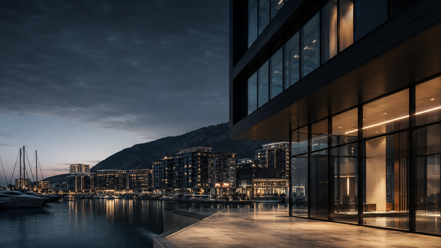 Modern waterfront architecture at twilight in Gibraltar, reflecting a premium business environment for talent and salary scoping