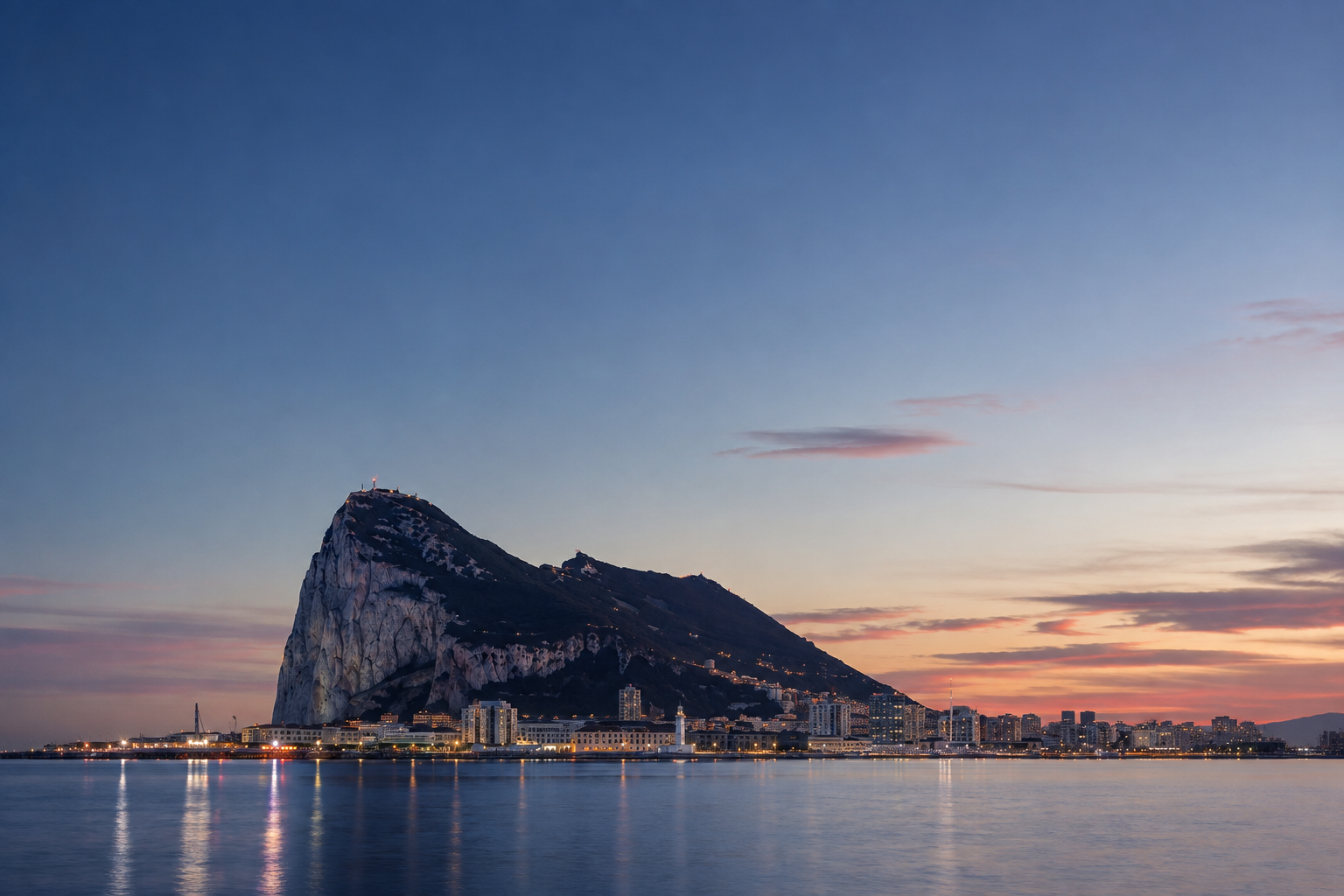 Gibraltar waterfront and Rock at twilight representing leadership, governance, compensation and team build scoping