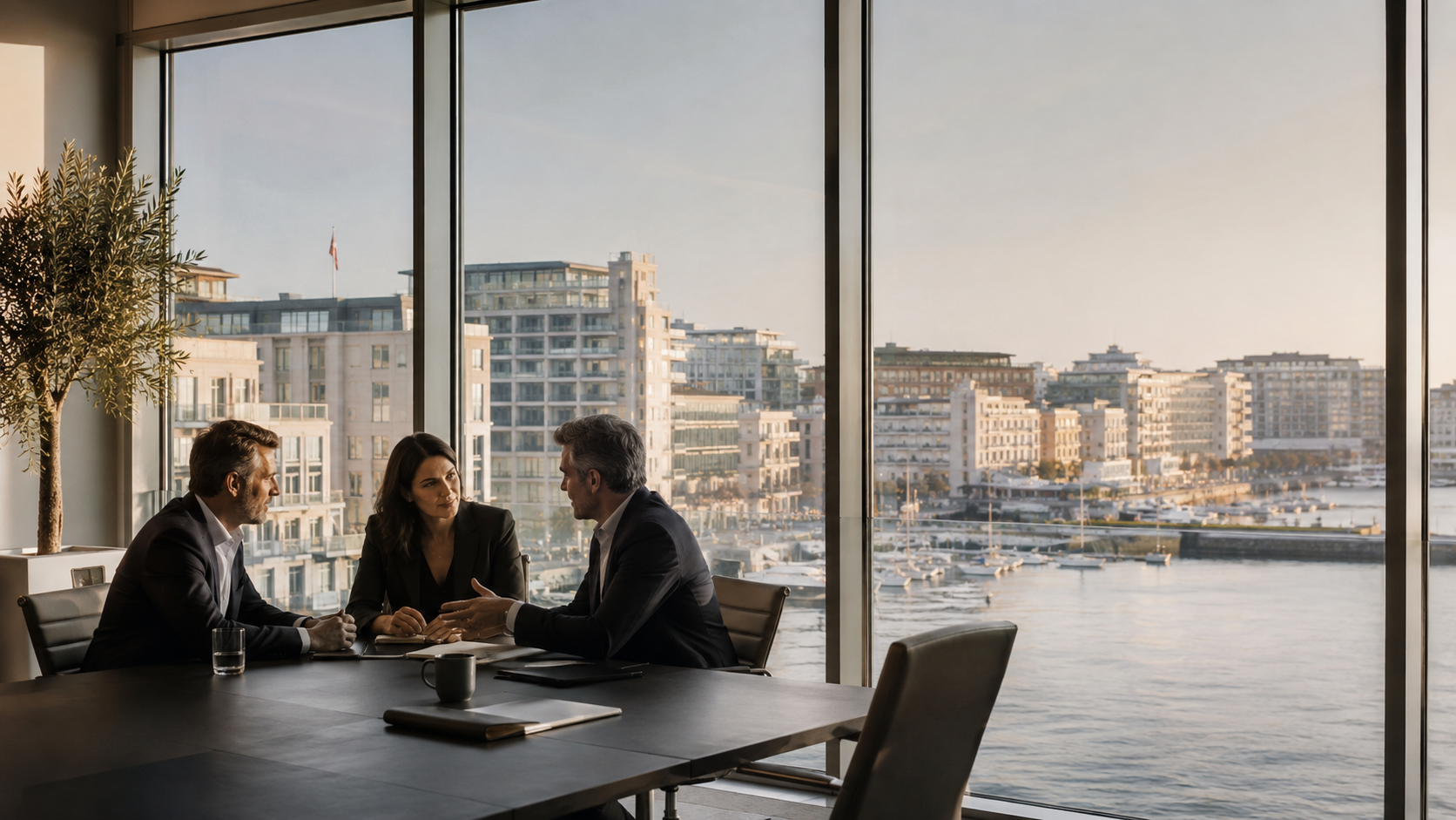 Senior hiring and market scoping discussion in a Gibraltar office overlooking the waterfront