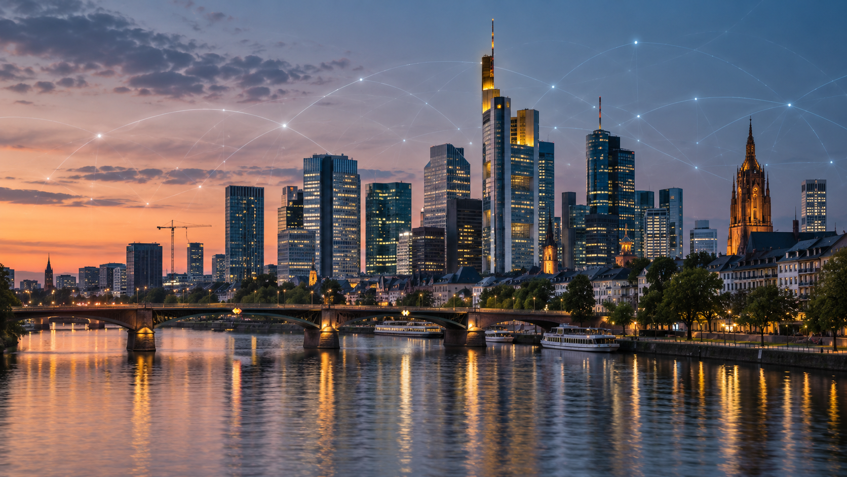 Frankfurt financial district representing European digital assets, tokenisation, stablecoins and institutional market infrastructure.