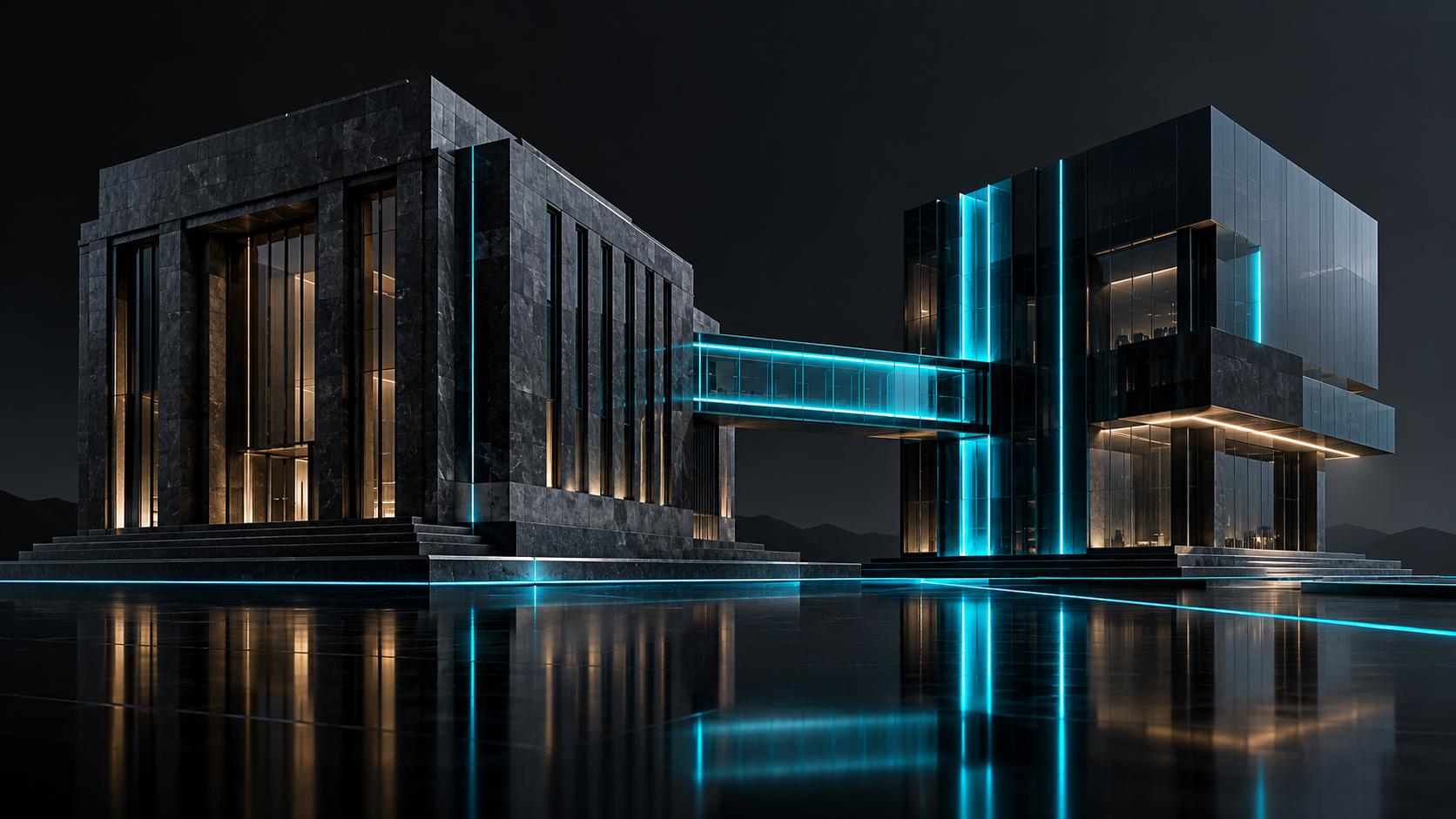 Two dark institutional buildings joined by a cyan bridge, illustrating digital asset finance recruitment and banking integration.